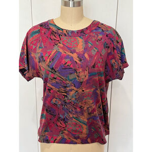 Georgiou blouse XS Purple Pink multi Abstract Print Silk Short Sleeve